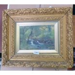 GILT FRAMED OIL PAINTING WOODLAND SCENE WITH MONOGRAM P.