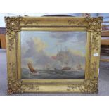19TH CENTURY BRITISH SCHOOL, NAVAL FRIGATE FIRING CANONS, UNSIGNED, GILT FRAMED OIL ON CANVAS,
