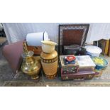 VARIOUS ADVERTISING TINS, LEATHER SUITCASE, ENAMELLED BIN & CHILDS POTTIE, LARGE CASE BOX RECORDS,