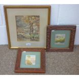 PAIR FRAMED WATERCOLOURS IN CARVED FOLIATE DECORATED FRAMES & A GILT FRAMED WATERCOLOUR OF