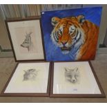 UNFRAMED OIL PAINTING OF A TIGER & 3 FRAMED PICTURES AFTER J.