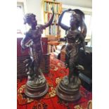 2 METAL FIGURES ON CIRCULAR BASES 'L'ARC EN CEIL' & 'L'ORAGE' CIRCA 1890 - OVERALL HEIGHT 50CM