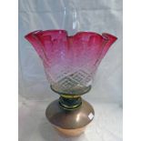 COPPER PARAFFIN LAMP WITH COLOURED GLASS SHADE Condition Report: Shade is in good