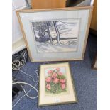 FRAMED WATERCOLOUR TREES AND SHEEP SIGNED D.W.