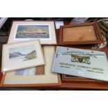 3 WATERCOLOURS SIGNED A B BEATTIE OF HIGHLAND SCENE, 2 DECORATED OAK FRAMES, 2 MARINE PICTURES,