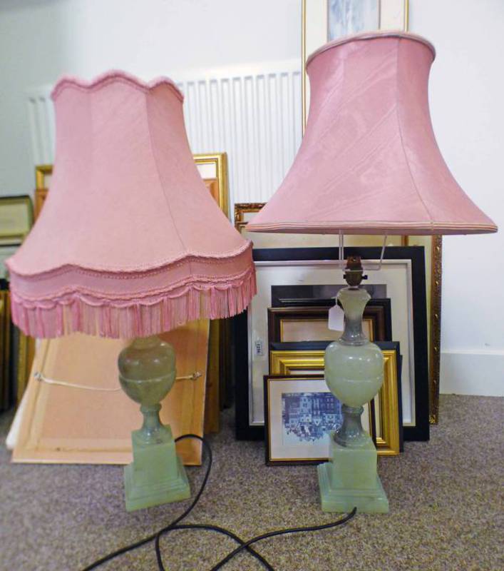 PAIR OF ITALIAN ALABASTER TABLE LAMPS WITH CLASSICAL CARVING DECORATION