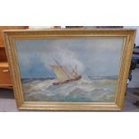 FISHING BOAT IN STORMY SEAS, INDISTINCTLY SIGNED, GILT FRAMED OIL ON CANVAS,