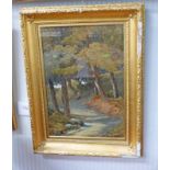 ROBERT FRIAR, WALKING THROUGH THE FOREST, SIGNED, GILT FRAMED OIL PAINTING,