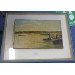 FRAMED OIL PAINTING OF PADDLE STEAMERS AND OTHER BOATS ON RIVER, INSCRIBED TO REVERSE.