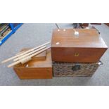 2 MAHOGANY BOXES, LEATHER BOUND BASKET, WOODEN CALENDAR,