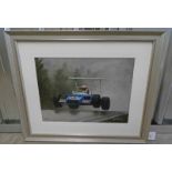 JONATHAN MITCHELL, NO 7 RACING CAR, SIGNED BY ARTIST & JACKIE STEWART, FRAMED OIL PAINTING,