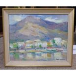 POSSIBLY HAMISH LAWRIE MEDITERRANEAN COASTAL SCENE, INDISTINCTLY SIGNED, FRAMED OIL PAINTING,