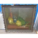 18TH OR 19TH CENTURY FRAMED PAINTING OF STILL LIFE WITH BLUE JUG & VEGETABLES ETC 84 X 92CM