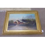 LATE 19TH / EARLY 20TH CENTURY GILT FRAMED OIL PAINTING OF RURAL SCENE 55 X 85CM