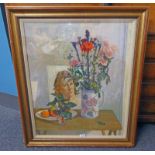 ELLEN CAMERON, STILL LIFE OF FLOWERS AND FRUIT, SIGNED, GILT FRAMED OIL PAINTING,