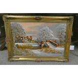 MALCOLM GEARING 73, RURAL SNOW SCENE, SIGNED, GILT FRAMED OIL PAINTING,