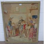 FRAMED SEWNWORK PICTURE OF A 19TH CENTURY FAMILY - 83 CM X 66 CM