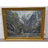 GILT FRAMED OIL PAINTING ALPINE SCENE INDISTINCTLY SIGNED - 70 X 90CM