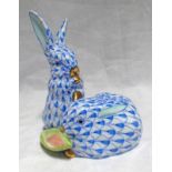 HEREND BLUE RABBIT GROUP- 9CM TALL Condition Report: Tip of ear is chipped.