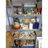 4 SHELVES OF LACQUER TRAYS, SEASHELLS, BATIK WOOD CARVING, ORNAMENTS,