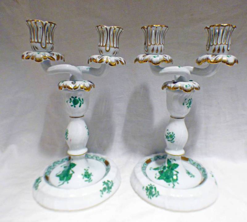 PAIR OF HEREND TWO-LIGHT CANDELABRA WITH GILT & FLORAL DECORATION - 22.
