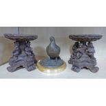 2 ART POTTERY CHERUB DECORATED STANDS, BRONZED FIGURE OF A GROUSE PRESENTED TO RT.