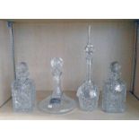 4 CRYSTAL DECANTERS, EACH WITH SILVER LABEL MARKED BIRMINGHAM WITH WHISKY, GIN, PORT,