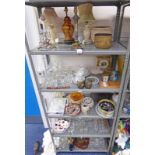 5 SHELVES OF GLASSWARE, TABLE LAMPS,SEIKO CLOCK, CUT GLASS DECANTERS, 19TH CENTURY LUSTRE DISHES,