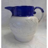 19TH CENTURY STONEWARE JUG WITH BLUE GLAZED RIM & HUNTING SCENE DECORATION - 19CM TALL