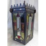 HEXAGONAL HALL LANTERN WITH COLOURED GLASS PANELS - 34CM TALL