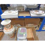 SELECTION OF ROYAL WORCESTER KITCHENWARE & 2 BOXES OF THREAD AND SEWING WARE OVER 2 SHELVES