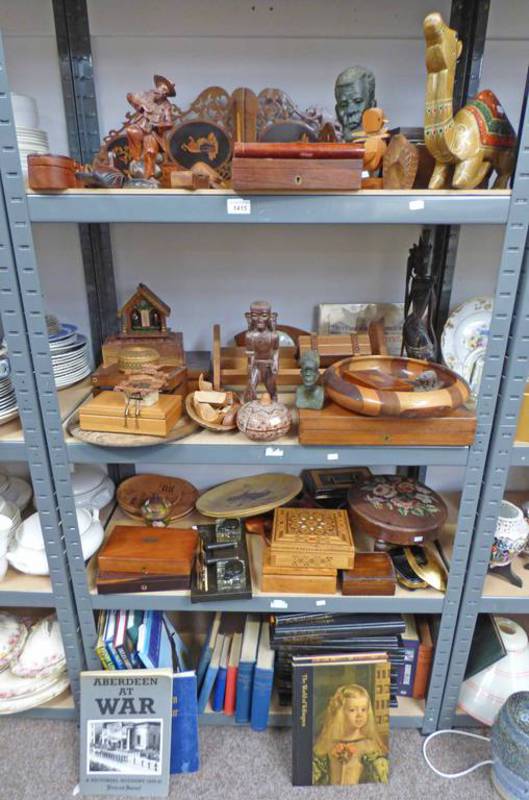 LARGE SELECTION OF WOODEN BOXES, WALL BRACKET, FOOT STOOL, AFRICAN CARVINGS,