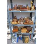 LARGE SELECTION OF WOODEN BOXES, WALL BRACKET, FOOT STOOL, AFRICAN CARVINGS,