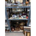LARGE SELECTION OF PORCELAIN, GLASS, ETC, INCLUDING WOODEN CANDLESTICKS, COPPER WARE, PICTURES,