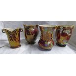 4 CROWN DEVON GILT AND ENAMELLED VASES WITH FLORAL DECORATION ON RED GROUND - TALLEST 20 CM
