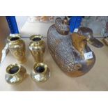 CHINESE WOODEN DUCK SHAPED BOX & 4 ORIENTAL BRASS VASES