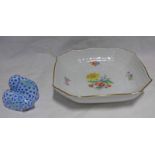 HEREND BLUE RABBIT GROUP - 4.5 CM TALL AND SMALL MEISSEN DISH WITH GILT & FLORAL DECORATION - 12.