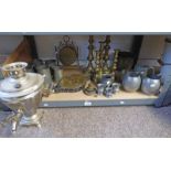 SELECTION OF PEWTER WARE, BRASS CANDLESTICKS, ETC,