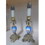 PAIR OF 19TH CENTURY PORCELAIN & GILT METAL LAMP HOLDERS - MAX HEIGHT 25CM