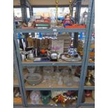 SELECTION OF VARIOUS GLASSWARE, BRASS CANDLESTICKS, LIGHT SHADE, ETC,