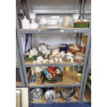 4 SHELVES OF SEASHELLS, OAK SHIELD WITH BEAGLES FOOT, KITCHEN WARE, JELLY MOULDS,