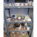 SELECTION OF CHINESE PORCELAIN, LIDDED VASE, PART TEASETS, WHISKY DECANTERS, PARAFFIN LAMP SHADES,