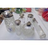 SILVER MOUNTED SUGAR SHAKER & 4 SILVER MOUNTED SCENT BOTTLES Condition Report: The