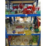 LARGE SELECTION OF GLASSWARE INCLUDING PAIR OF CUT GLASS PUNCH BOWLS, COLOURED GLASSWARE,