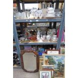 LARGE SELECTION OF VARIOUS PORCELAIN, TEAWARE, COLOURED GLASS, PICTURES, MIRROR, ETC,