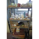 SELECTION OF TEASETS, BRASS COAL BOX, CUT GLASSWARE, 3 LEATHER BOUND VOLUMES THE ROYAL SHAKESPEARE,