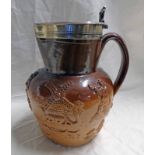 19TH CENTURY STONEWARE HUNTING JUG WITH SILVER COVER HALLMARKED LONDON 1873 - 21CM TALL