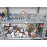 2 SHELVES OF GLASSWARE, WALLY DOG, COMMEMORATIVE WARE, ORIENTAL PART TEASET,