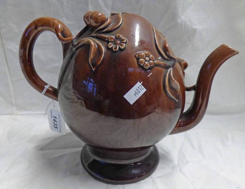 19TH CENTURY BRAMELD POTTERY TREACLE GLAZED CADOGAN TEAPOT DECORATED WITH FLOWERS AND BERRIES -