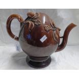 19TH CENTURY BRAMELD POTTERY TREACLE GLAZED CADOGAN TEAPOT DECORATED WITH FLOWERS AND BERRIES -